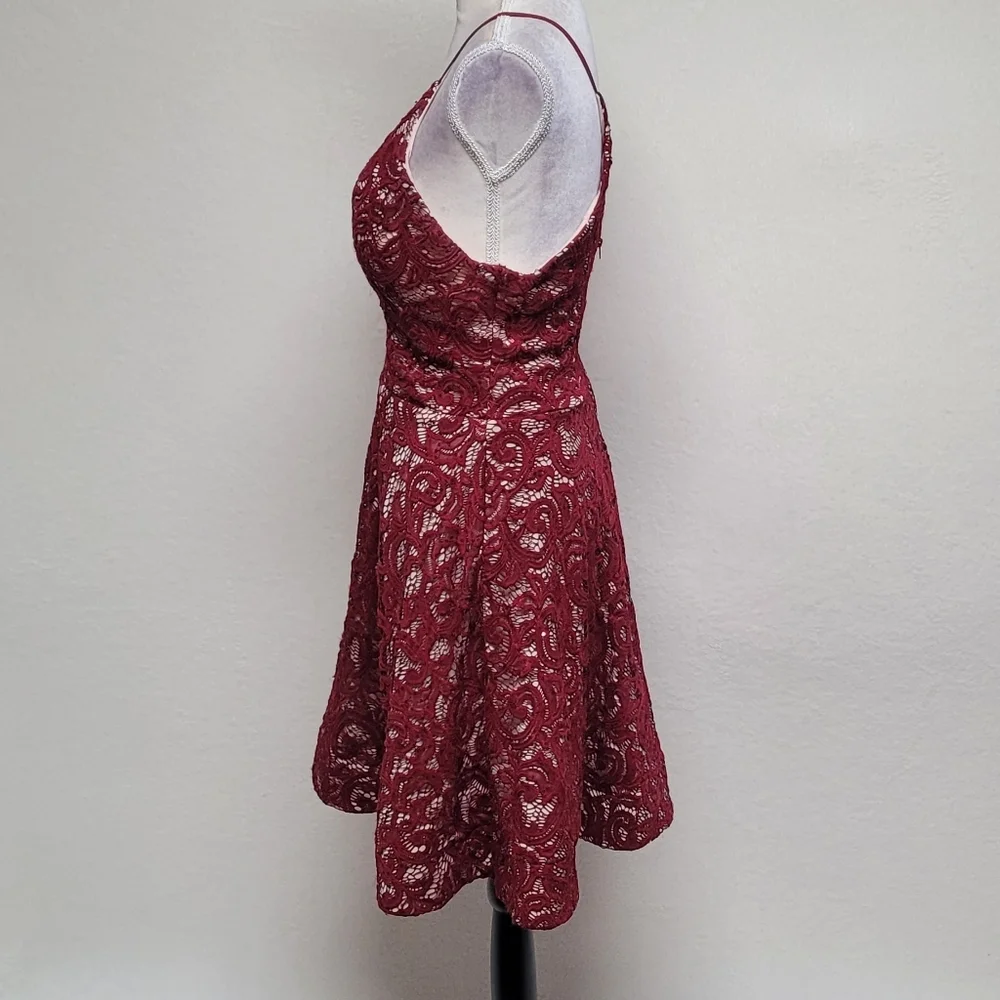 My Michelle Vintage Y2K Crimson Paisley Floral Lace Plunging Neckline Mini Dress